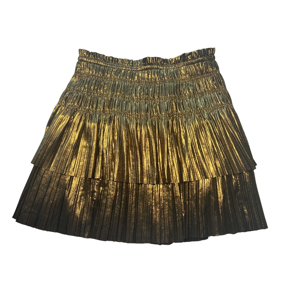 Current Air Pleated Tier Mini Skirt Women M Gold Metallic Smocked 1950214